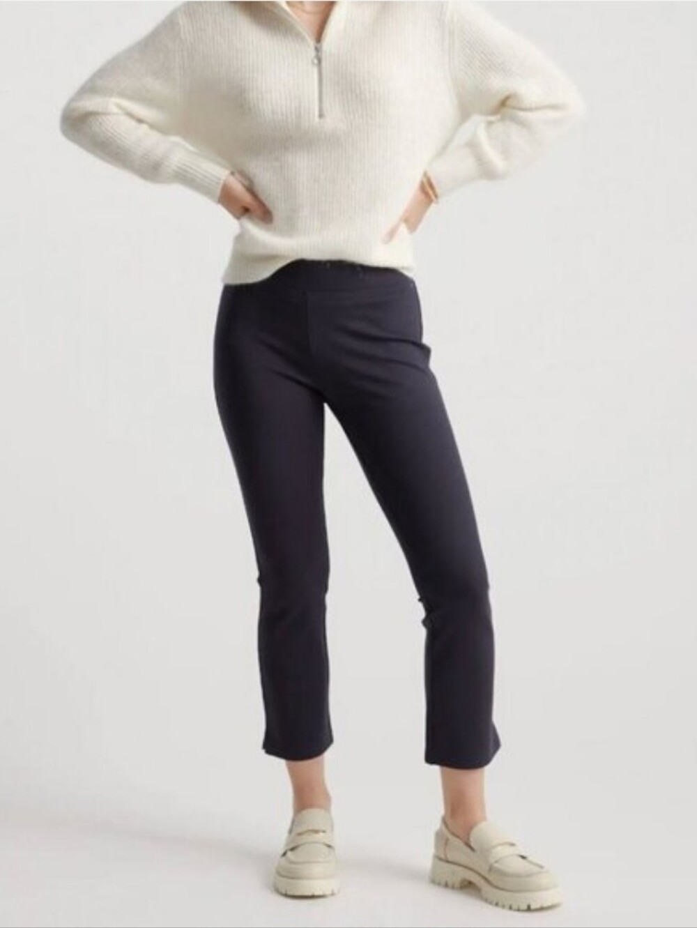 Quince Ultra Stretch Ponte Kick Flare Pants Navy Blue Size L Large Cropped